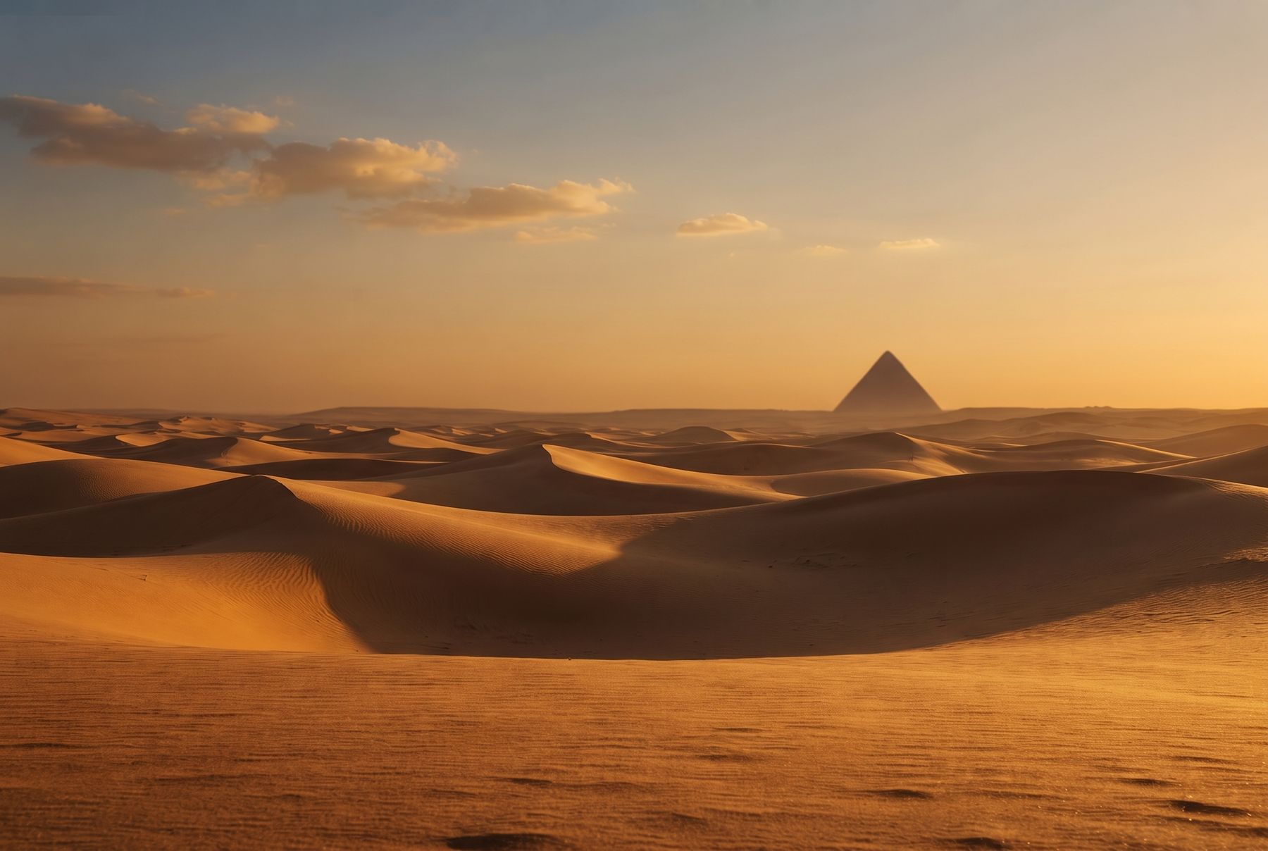 Dunas do deserto ao pôr do sol com pirâmide ao longe