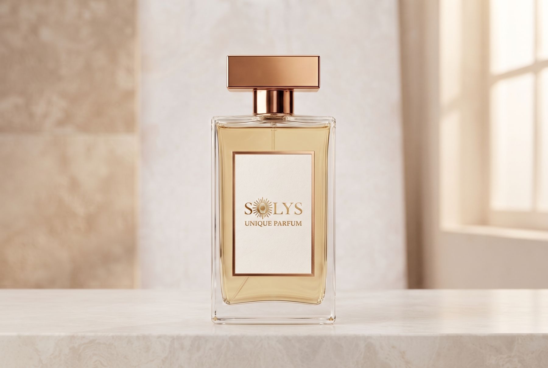 Frasco SOLYS Unique Parfum sobre mármore, luz quente