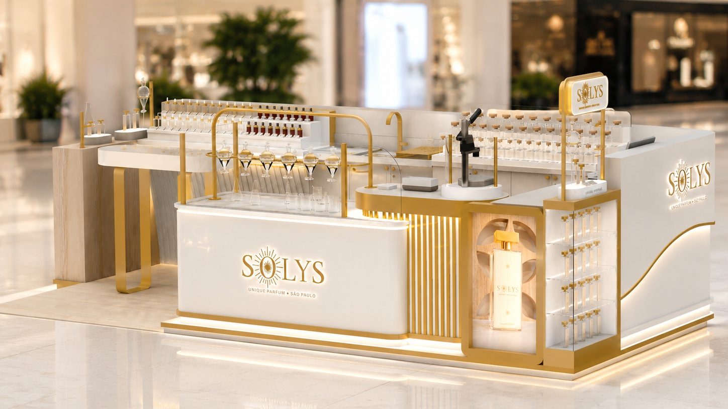 Unidade SOLYS em shopping, com bancada-laboratório e parede de frascos