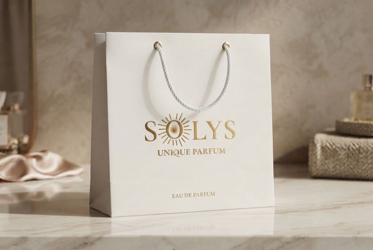 Sacola SOLYS branca com hot stamping dourado